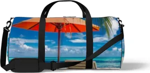 Beautiful Tropical Sea Beach with Sunbeds Sports Duffel Bag Travel Gym Tote Bags Lightweight Durable Shoulder Strap Waterproof Polyester Outside Mesh Pocket Overnight Trip Duffel Bag for Women Men