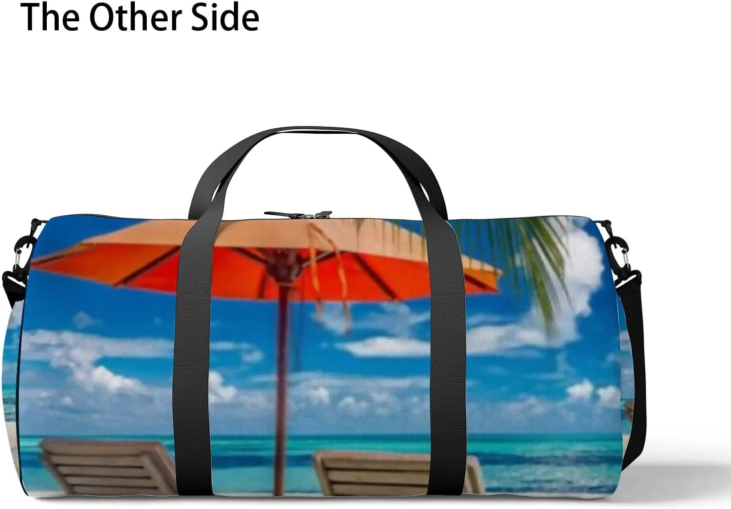 Beautiful Tropical Sea Beach with Sunbeds Sports Duffel Bag Travel Gym Tote Bags Lightweight Durable Shoulder Strap Waterproof Polyester Outside Mesh Pocket Overnight Trip Duffel Bag for Women Men