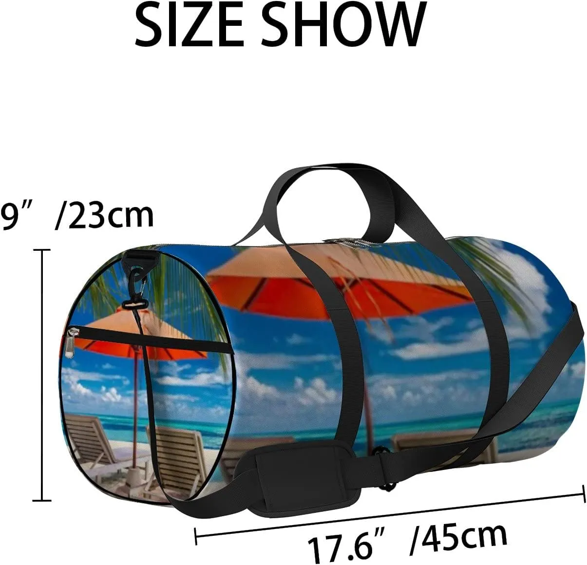 Beautiful Tropical Sea Beach with Sunbeds Sports Duffel Bag Travel Gym Tote Bags Lightweight Durable Shoulder Strap Waterproof Polyester Outside Mesh Pocket Overnight Trip Duffel Bag for Women Men