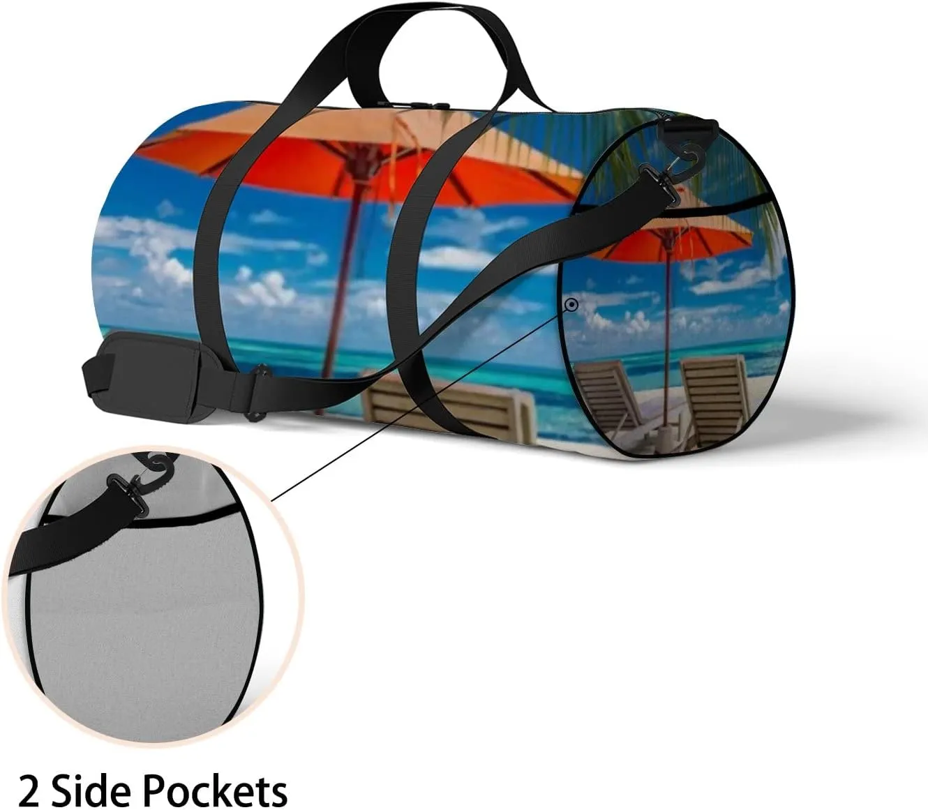 Beautiful Tropical Sea Beach with Sunbeds Sports Duffel Bag Travel Gym Tote Bags Lightweight Durable Shoulder Strap Waterproof Polyester Outside Mesh Pocket Overnight Trip Duffel Bag for Women Men
