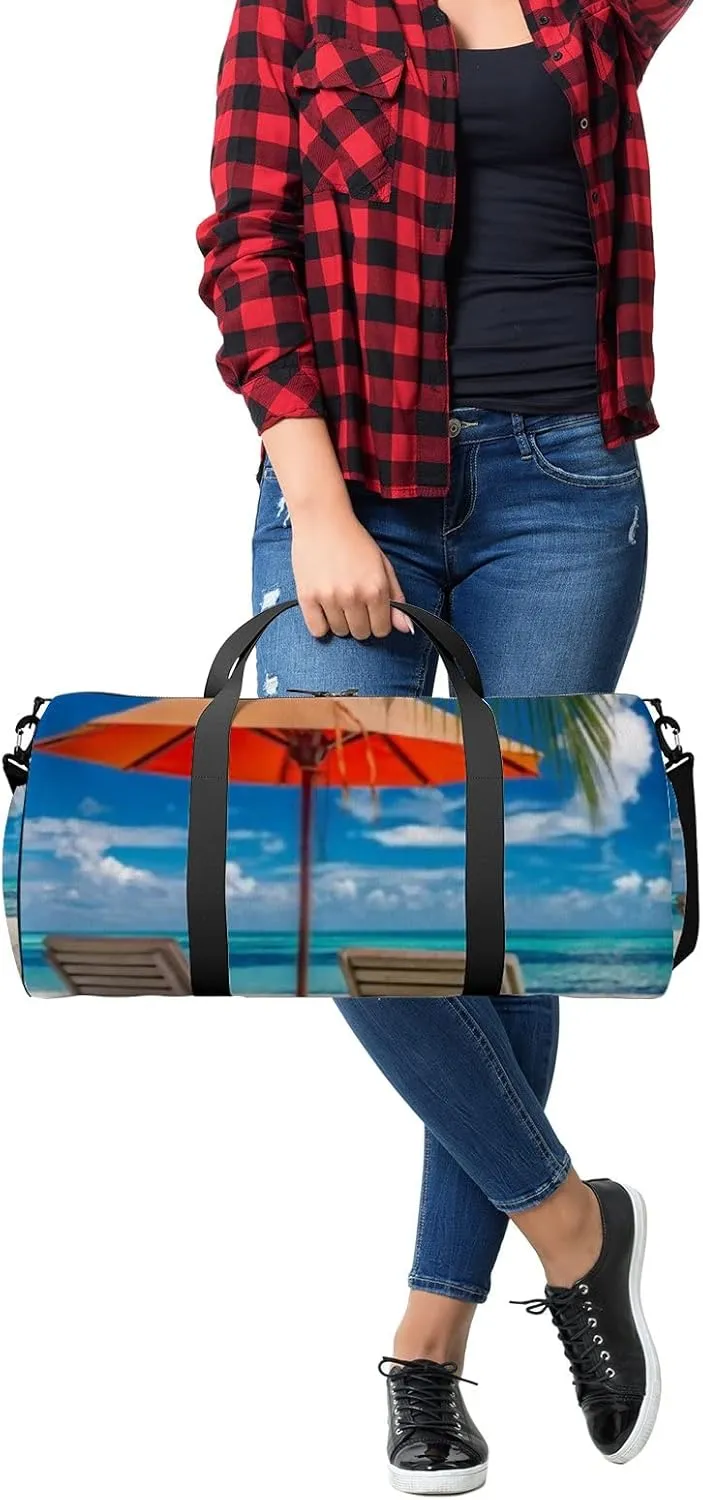 Beautiful Tropical Sea Beach with Sunbeds Sports Duffel Bag Travel Gym Tote Bags Lightweight Durable Shoulder Strap Waterproof Polyester Outside Mesh Pocket Overnight Trip Duffel Bag for Women Men