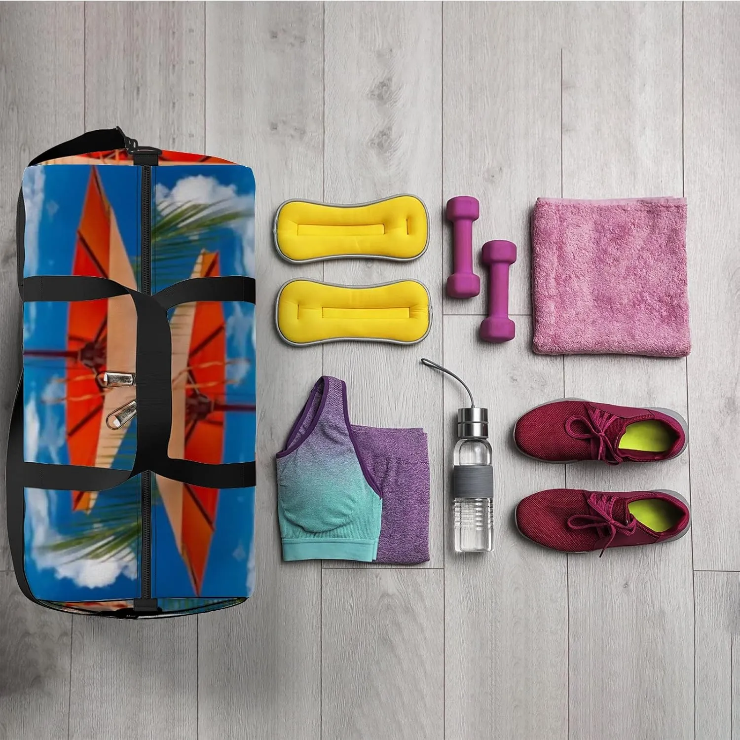 Beautiful Tropical Sea Beach with Sunbeds Sports Duffel Bag Travel Gym Tote Bags Lightweight Durable Shoulder Strap Waterproof Polyester Outside Mesh Pocket Overnight Trip Duffel Bag for Women Men