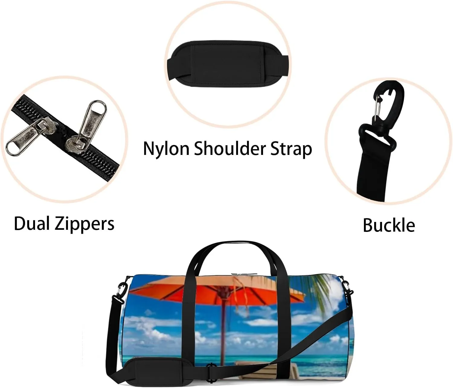 Beautiful Tropical Sea Beach with Sunbeds Sports Duffel Bag Travel Gym Tote Bags Lightweight Durable Shoulder Strap Waterproof Polyester Outside Mesh Pocket Overnight Trip Duffel Bag for Women Men