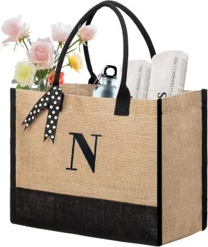 BeeGreen Initial Canvas/Jute Tote Bag Personalized Bag for Wedding, Birthday, Beach, Gift for Women, Mom, Teacher,Friend