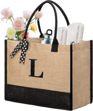 BeeGreen Initial Canvas/Jute Tote Bag Personalized Bag for Wedding, Birthday, Beach, Gift for Women, Mom, Teacher,Friend