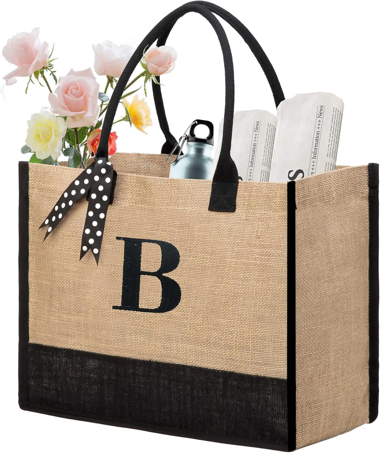 BeeGreen Initial Canvas/Jute Tote Bag Personalized Bag for Wedding, Birthday, Beach, Gift for Women, Mom, Teacher,Friend