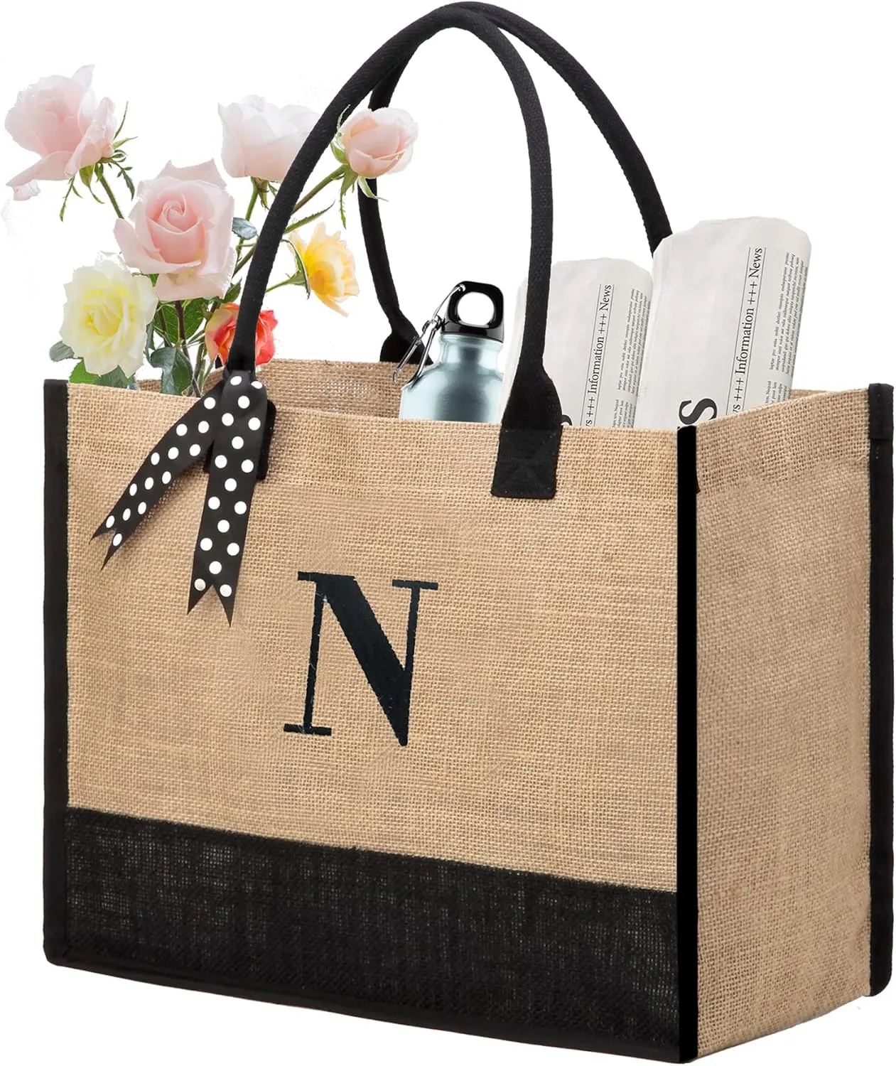 BeeGreen Initial Canvas/Jute Tote Bag Personalized Bag for Wedding, Birthday, Beach, Gift for Women, Mom, Teacher,Friend
