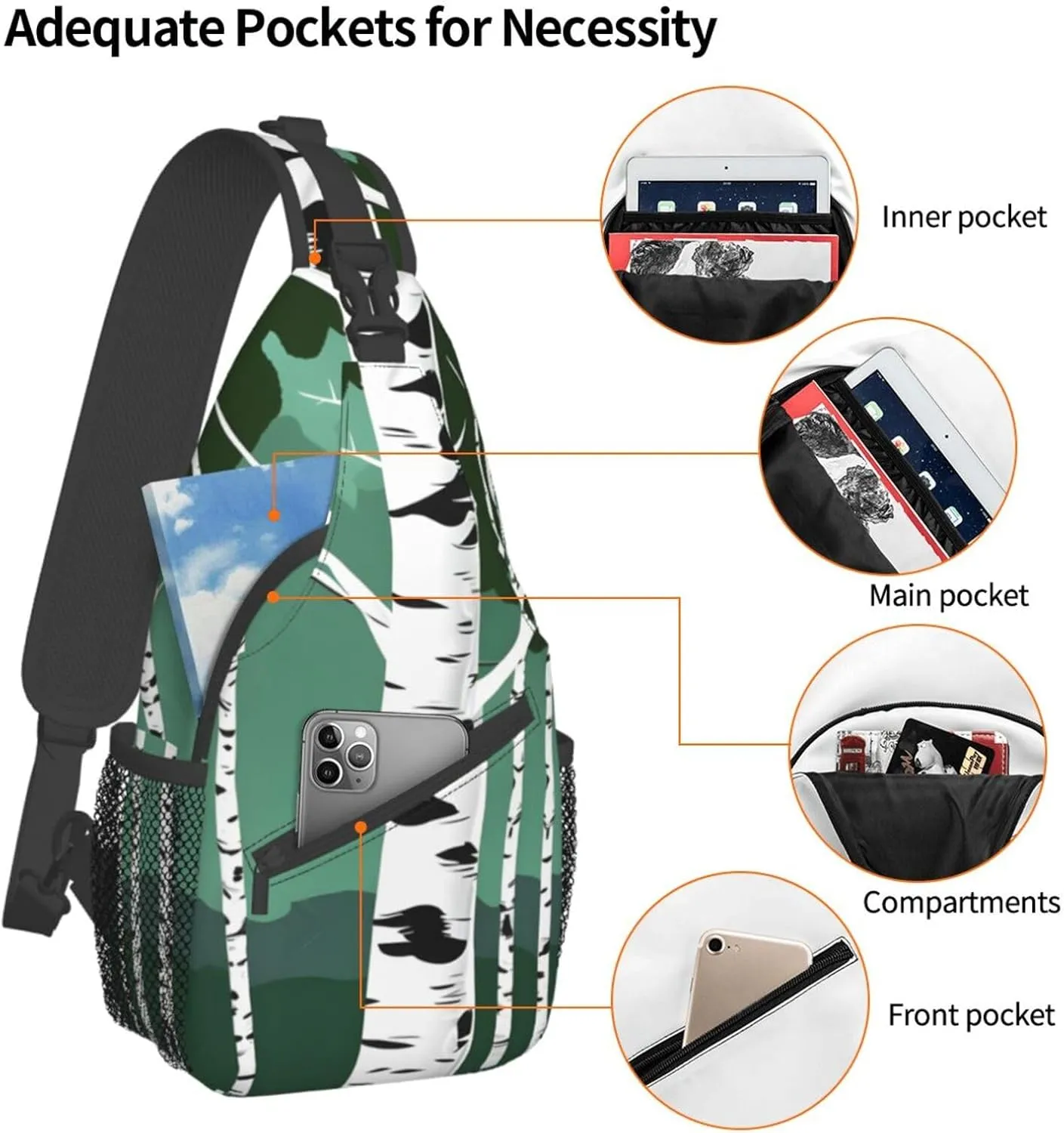 Birch Trees Print Sling Backpack, Sling Bag, Crossbody Chest Bag Daypack, for Hiking Travel