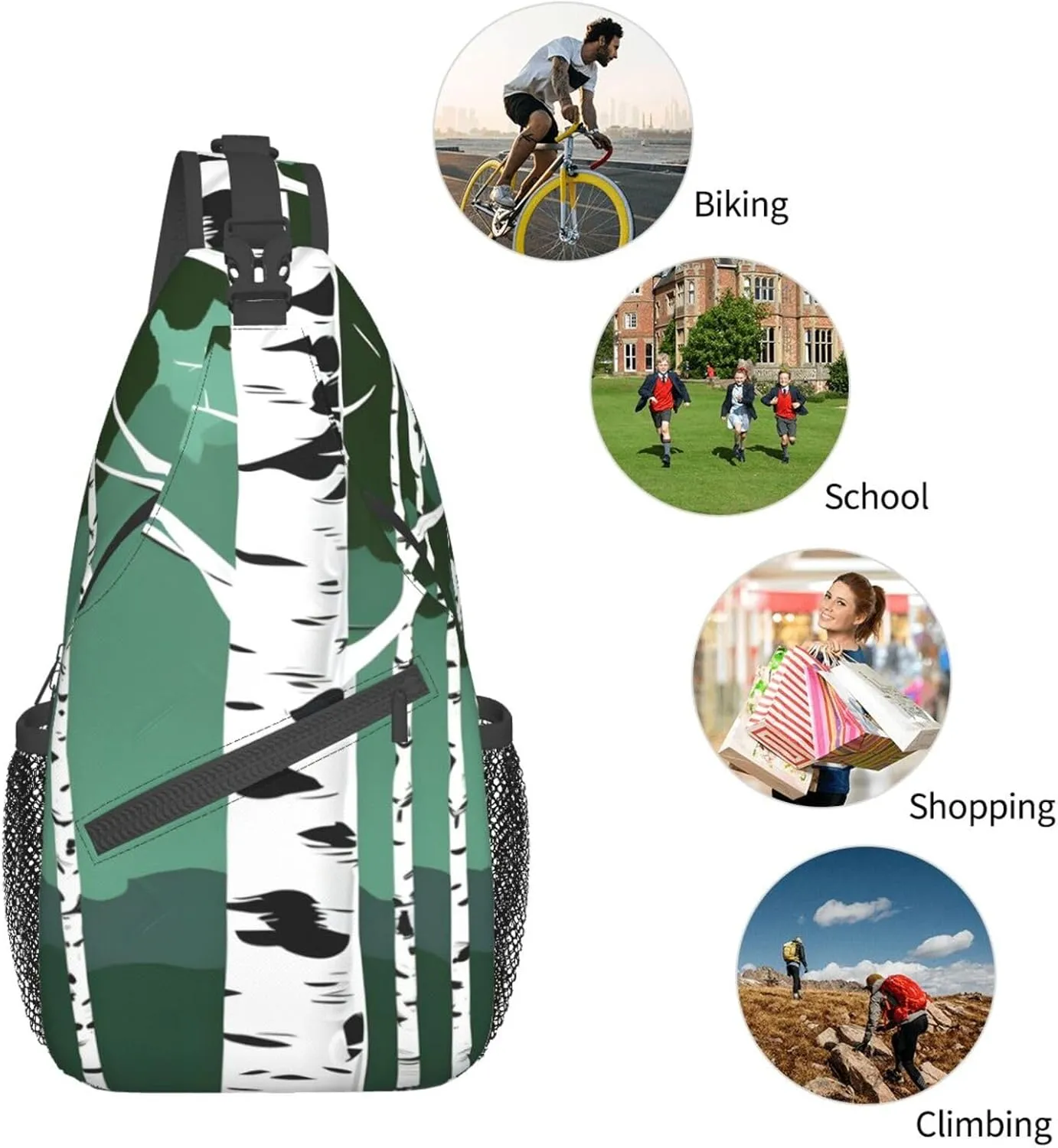 Birch Trees Print Sling Backpack, Sling Bag, Crossbody Chest Bag Daypack, for Hiking Travel