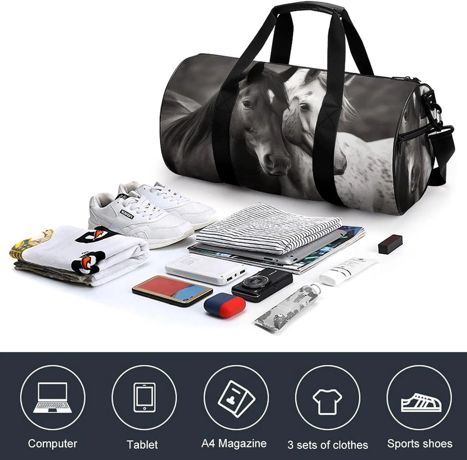 Black And White Horses Gym Bag Small Travel Duffle Bag with Compartment Carry On Weekender Bag for Women Men
