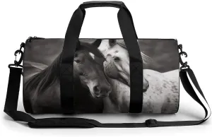 Black And White Horses Gym Bag Small Travel Duffle Bag with Compartment Carry On Weekender Bag for Women Men