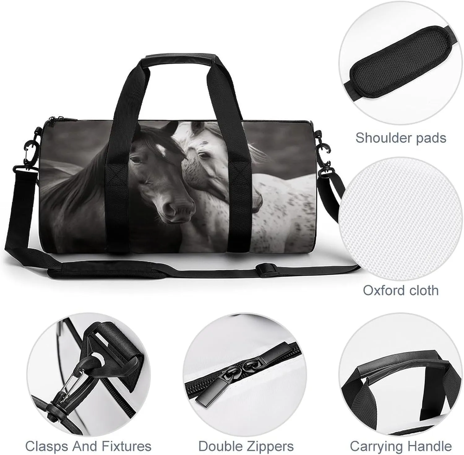 Black And White Horses Gym Bag Small Travel Duffle Bag with Compartment Carry On Weekender Bag for Women Men