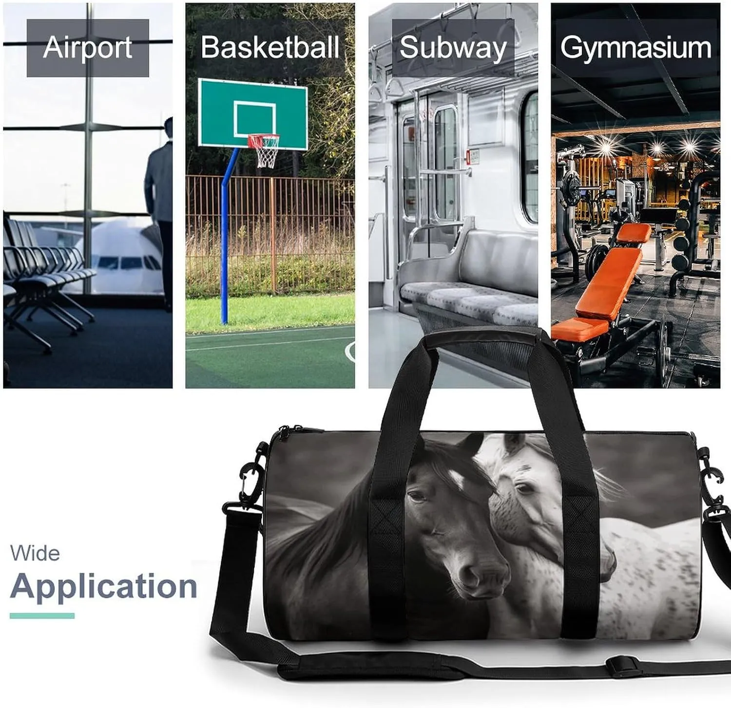 Black And White Horses Gym Bag Small Travel Duffle Bag with Compartment Carry On Weekender Bag for Women Men