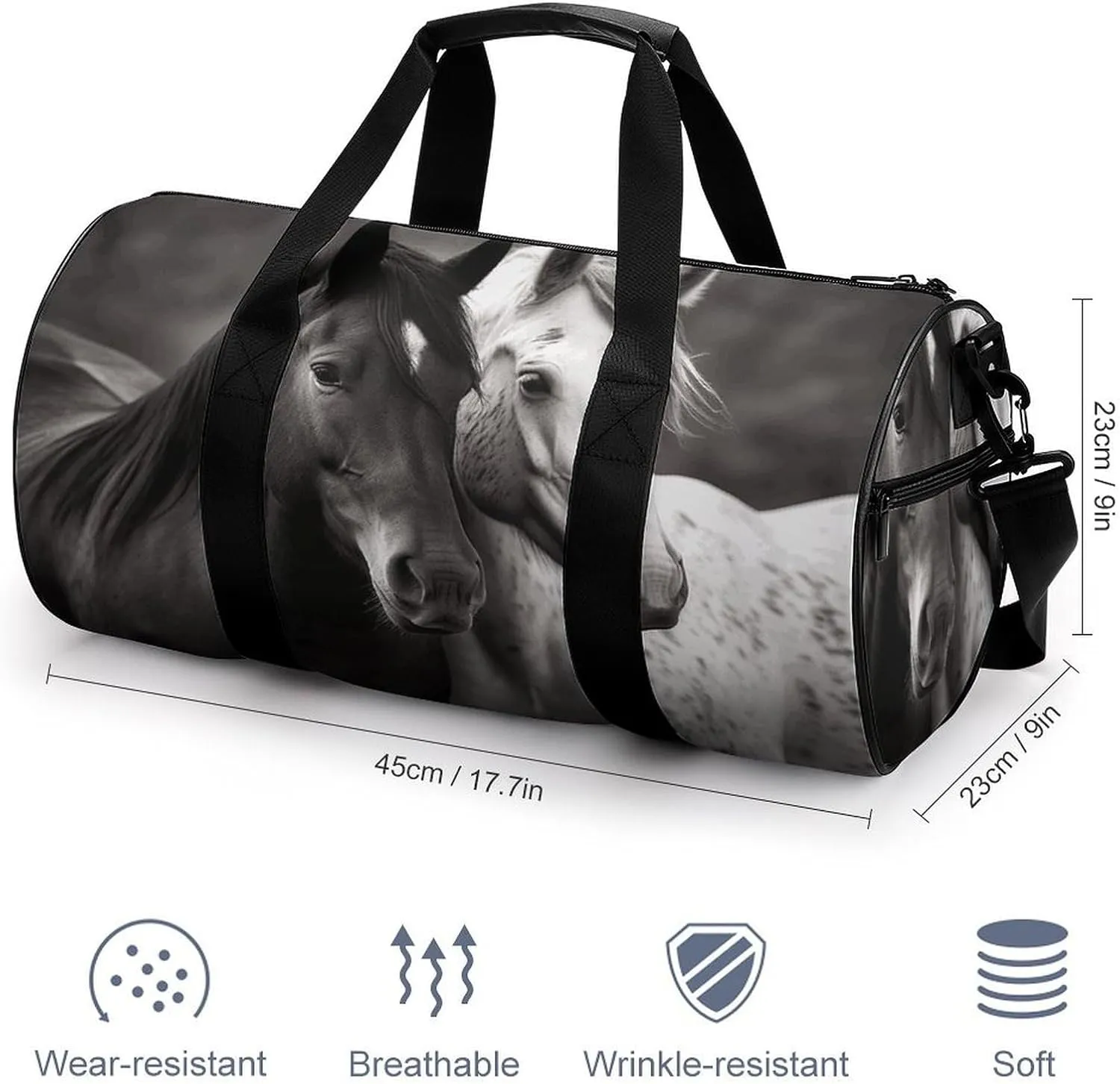 Black And White Horses Gym Bag Small Travel Duffle Bag with Compartment Carry On Weekender Bag for Women Men