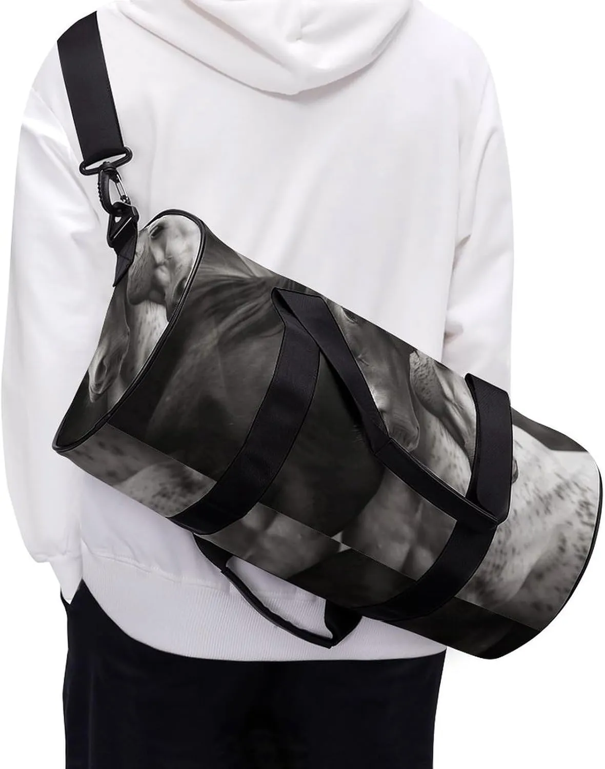 Black And White Horses Gym Bag Small Travel Duffle Bag with Compartment Carry On Weekender Bag for Women Men