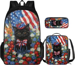 Black Cat Kids Backpack 3 in 1 Set American Flag School Bag for Children Patriotic Bookbag with Pencil Case & Lunch Bag,Patriotic Elementary Boys Girls Book Bag for Travel Sports
