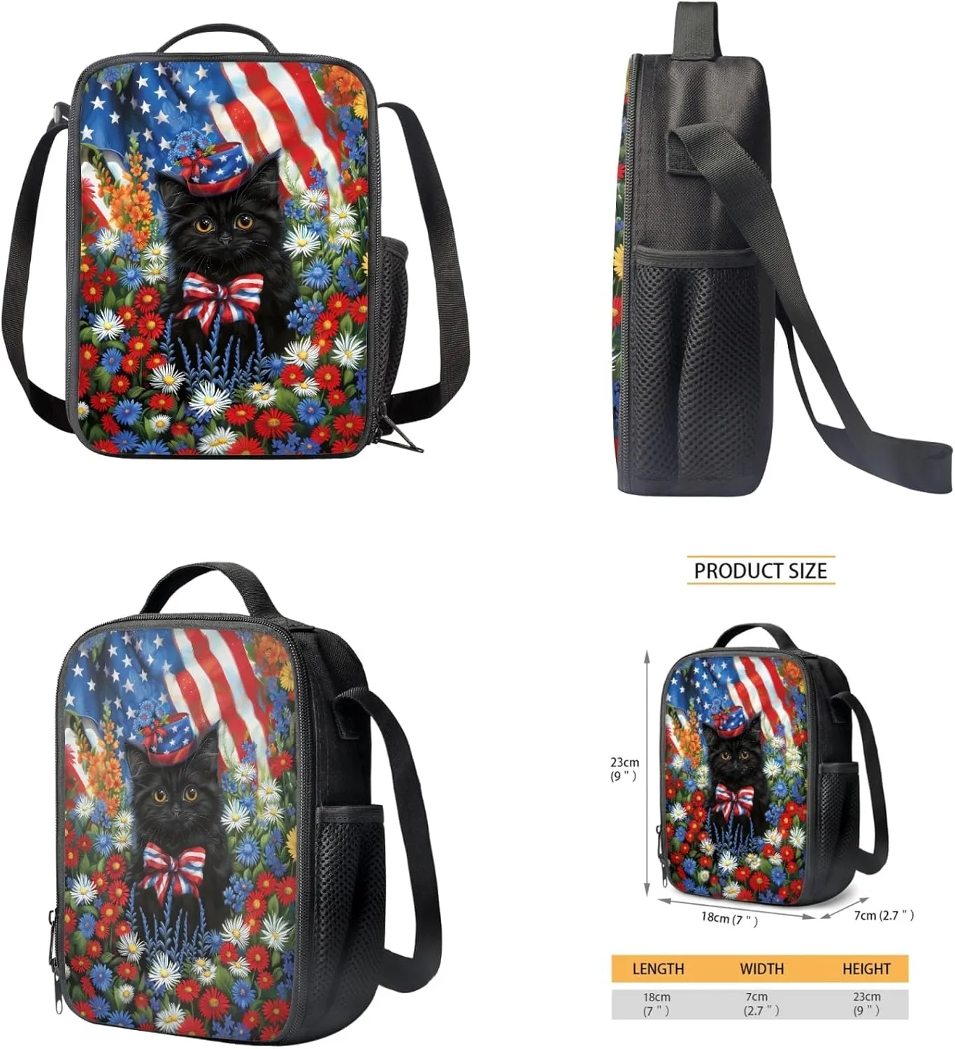 Black Cat Kids Backpack 3 in 1 Set American Flag School Bag for Children Patriotic Bookbag with Pencil Case & Lunch Bag,Patriotic Elementary Boys Girls Book Bag for Travel Sports