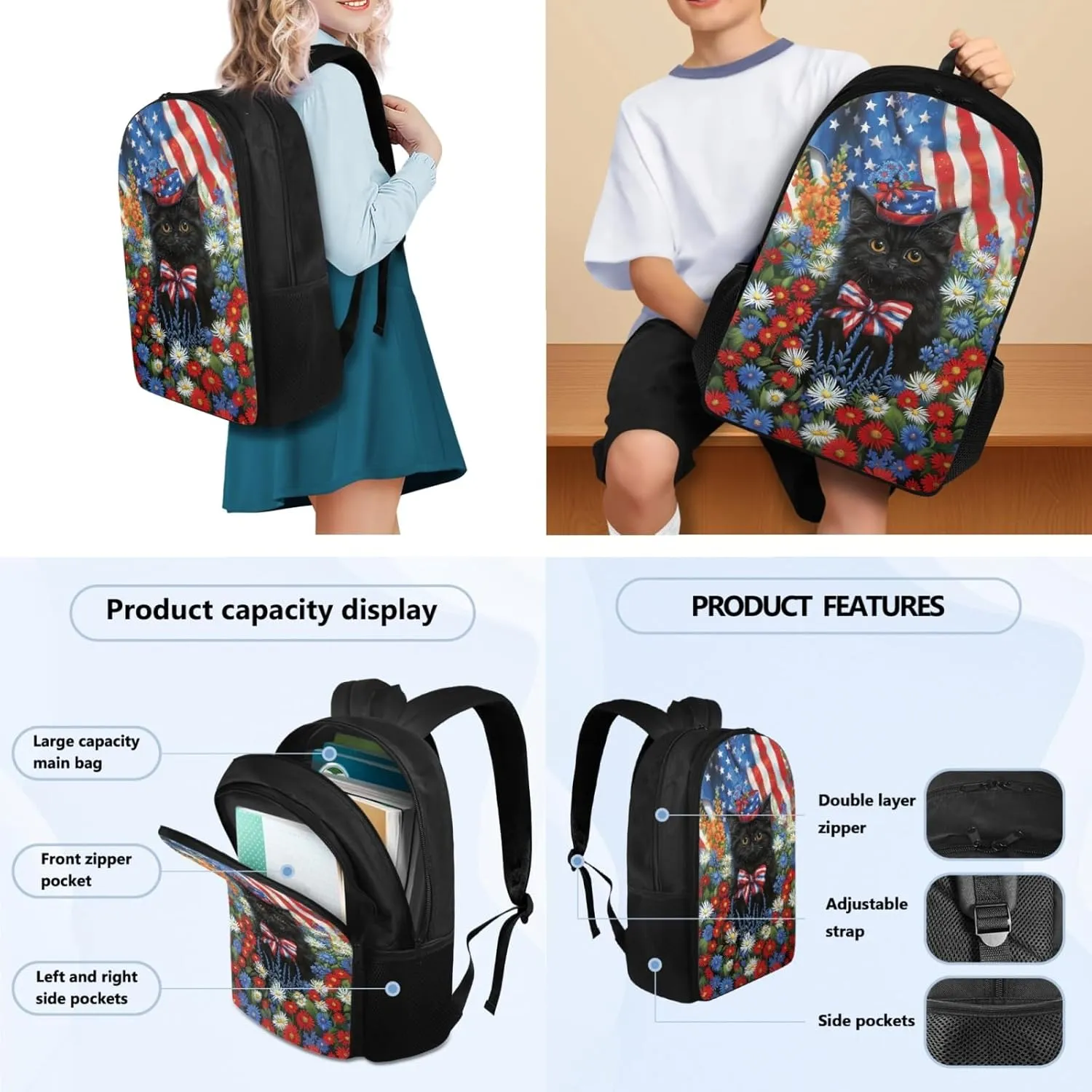 Black Cat Kids Backpack 3 in 1 Set American Flag School Bag for Children Patriotic Bookbag with Pencil Case & Lunch Bag,Patriotic Elementary Boys Girls Book Bag for Travel Sports