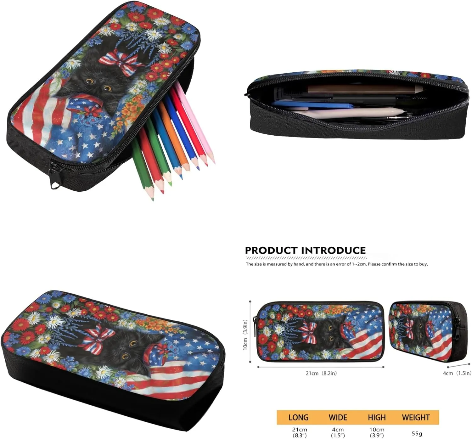Black Cat Kids Backpack 3 in 1 Set American Flag School Bag for Children Patriotic Bookbag with Pencil Case & Lunch Bag,Patriotic Elementary Boys Girls Book Bag for Travel Sports