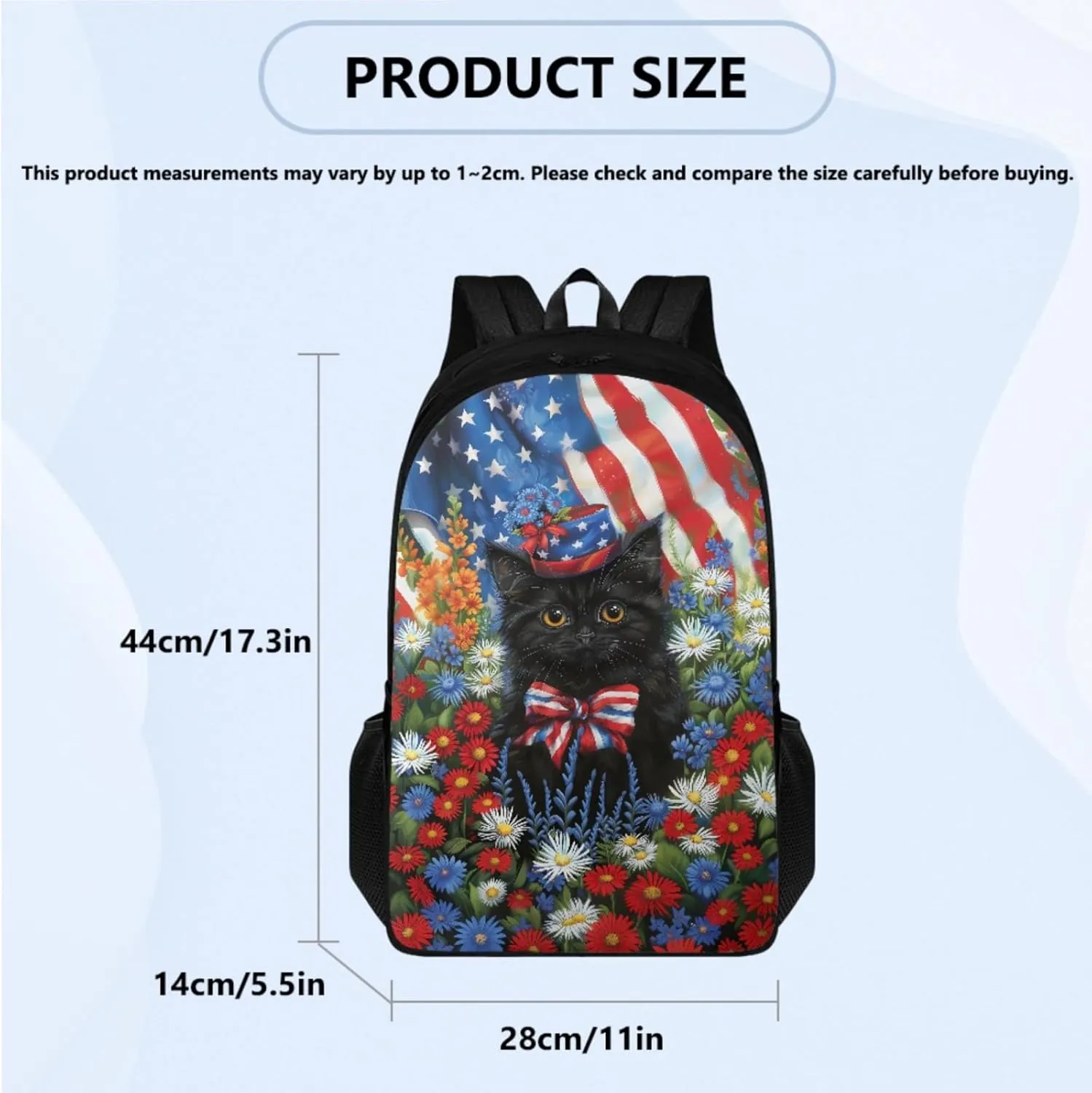 Black Cat Kids Backpack 3 in 1 Set American Flag School Bag for Children Patriotic Bookbag with Pencil Case & Lunch Bag,Patriotic Elementary Boys Girls Book Bag for Travel Sports