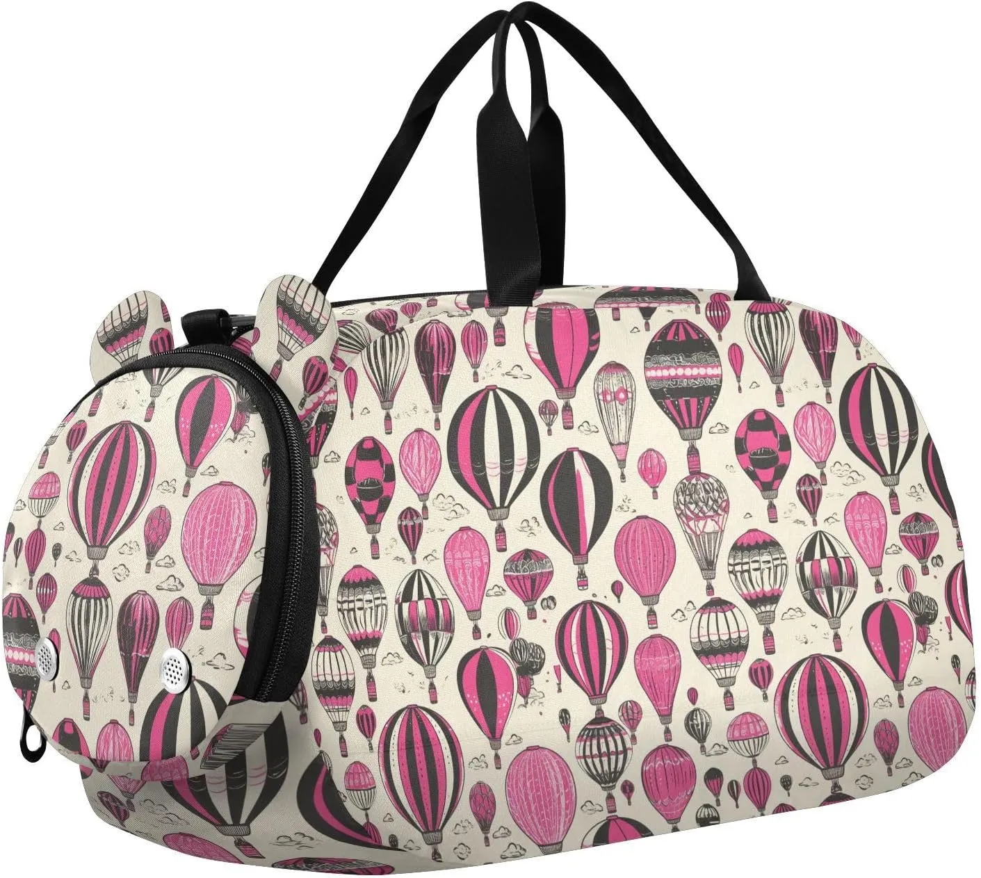 Black Peach Valentines Hot Air Balloon Girl's Gym Duffel Bag with Shoes Compartment Lightweight Sports Bag Travel Tote for Travel, Swimming, Dance, Ballet bolso viajero