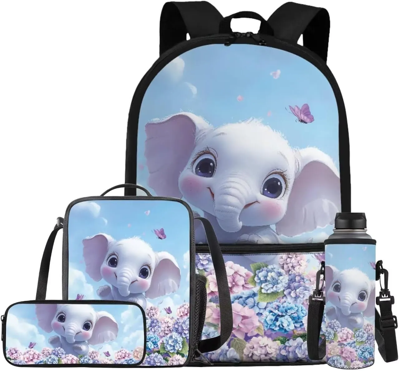 Blue Elephant Cute Backpacks for Teen Girls with Lunch Bag Water Bottle Holder and Aesthetic Pencil Pouch Cushion Shoulder Straps Rucksack Daypack 4 Piece Set