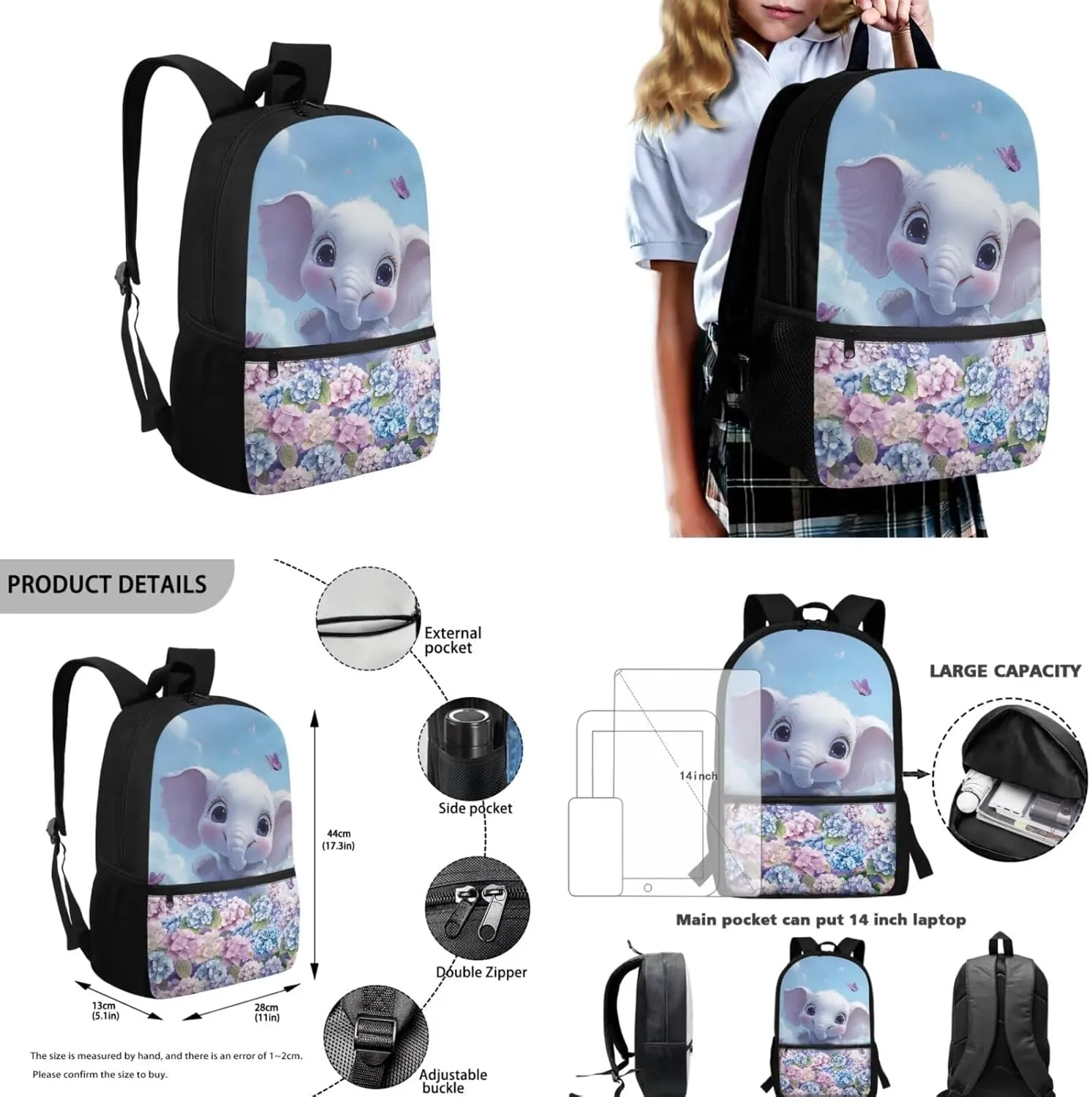 Blue Elephant Cute Backpacks for Teen Girls with Lunch Bag Water Bottle Holder and Aesthetic Pencil Pouch Cushion Shoulder Straps Rucksack Daypack 4 Piece Set