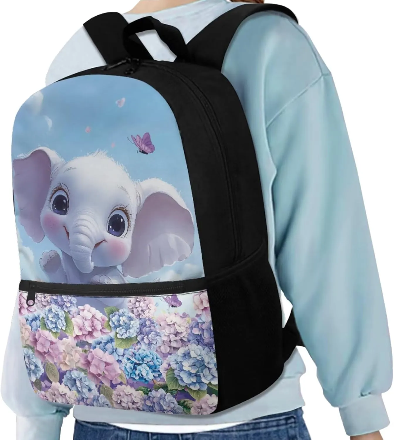 Blue Elephant Cute Backpacks for Teen Girls with Lunch Bag Water Bottle Holder and Aesthetic Pencil Pouch Cushion Shoulder Straps Rucksack Daypack 4 Piece Set