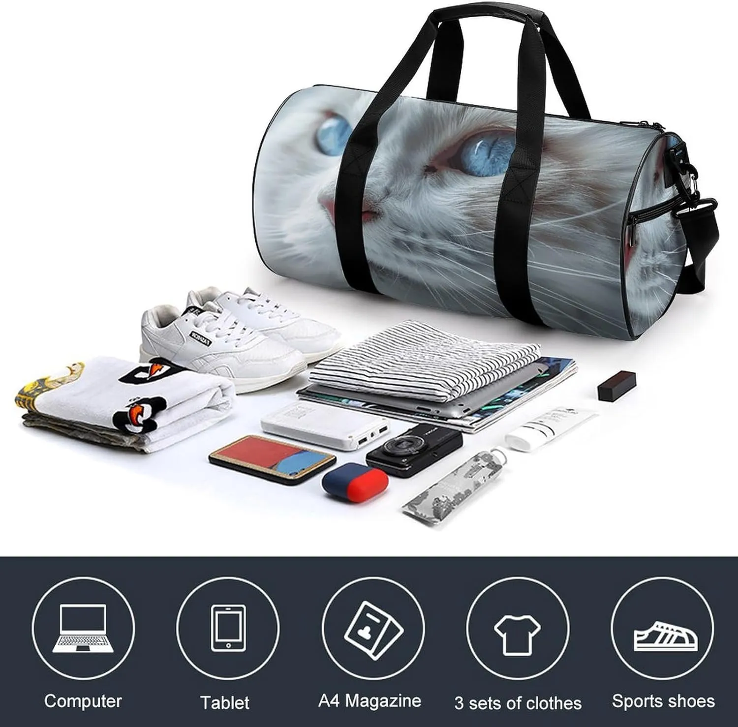 Blue Eyes Cat Gym Bag Small Travel Duffle Bag with Compartment Carry On Weekender Bag for Women Men