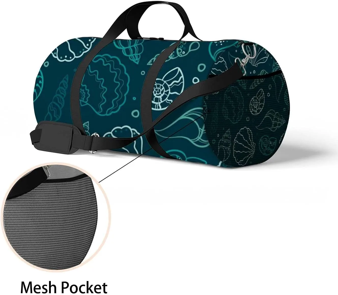 Blue Underwater Shells Snails Summer Sports Duffel Bag Travel Gym Tote Bags Lightweight Durable Shoulder Strap Waterproof Polyester Outside Mesh Pocket Overnight Trip Duffel Bag for Women Men
