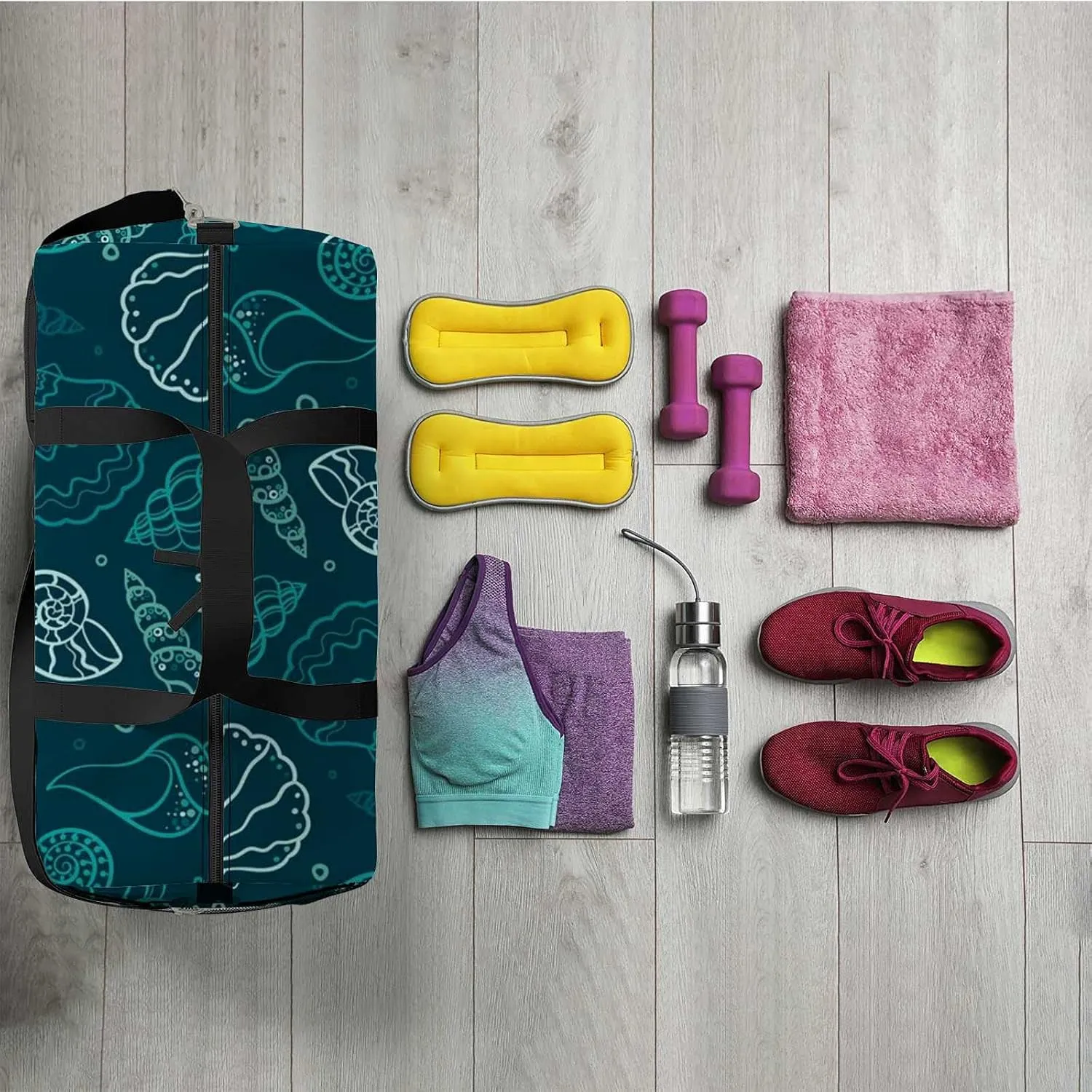 Blue Underwater Shells Snails Summer Sports Duffel Bag Travel Gym Tote Bags Lightweight Durable Shoulder Strap Waterproof Polyester Outside Mesh Pocket Overnight Trip Duffel Bag for Women Men