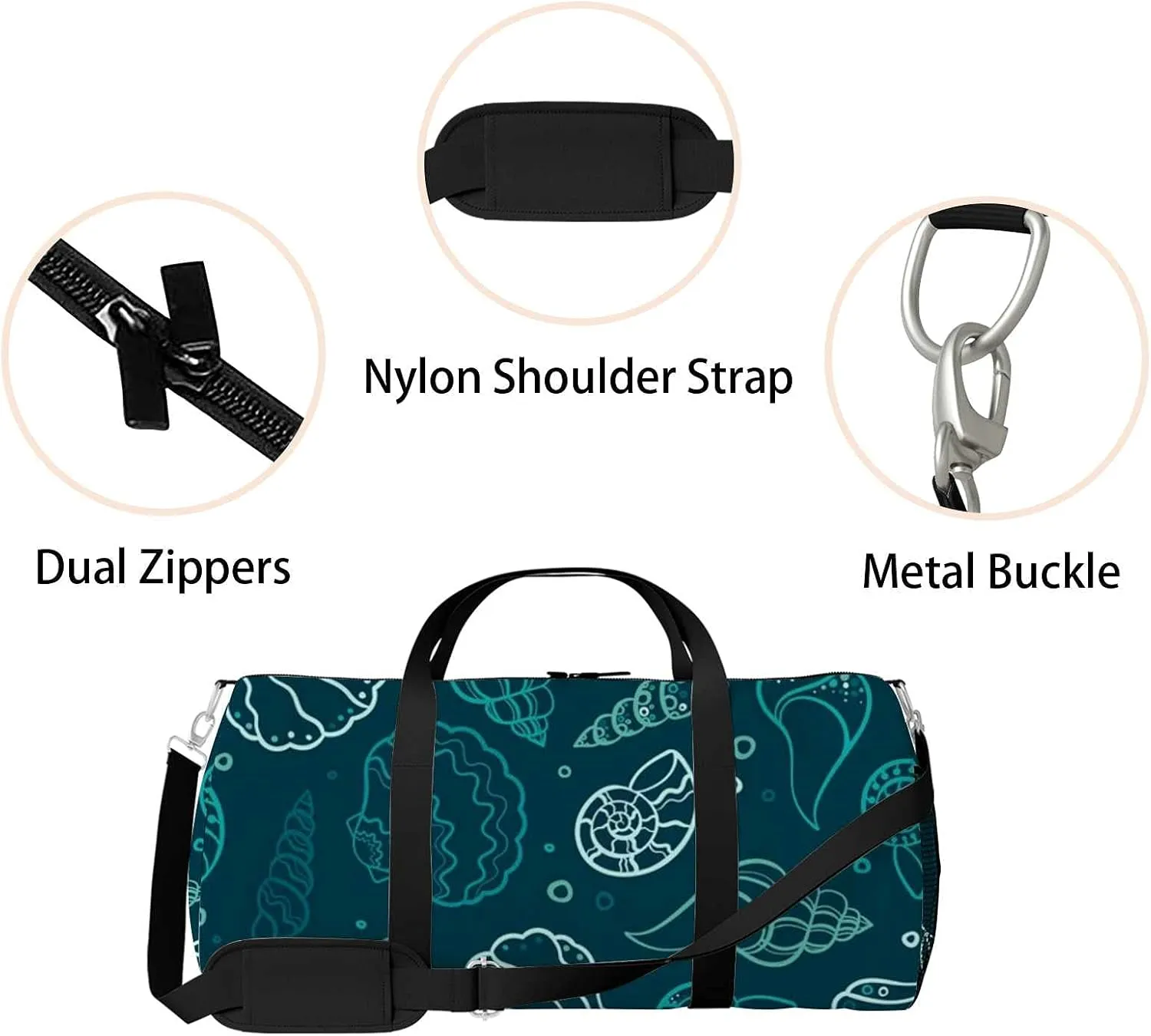 Blue Underwater Shells Snails Summer Sports Duffel Bag Travel Gym Tote Bags Lightweight Durable Shoulder Strap Waterproof Polyester Outside Mesh Pocket Overnight Trip Duffel Bag for Women Men