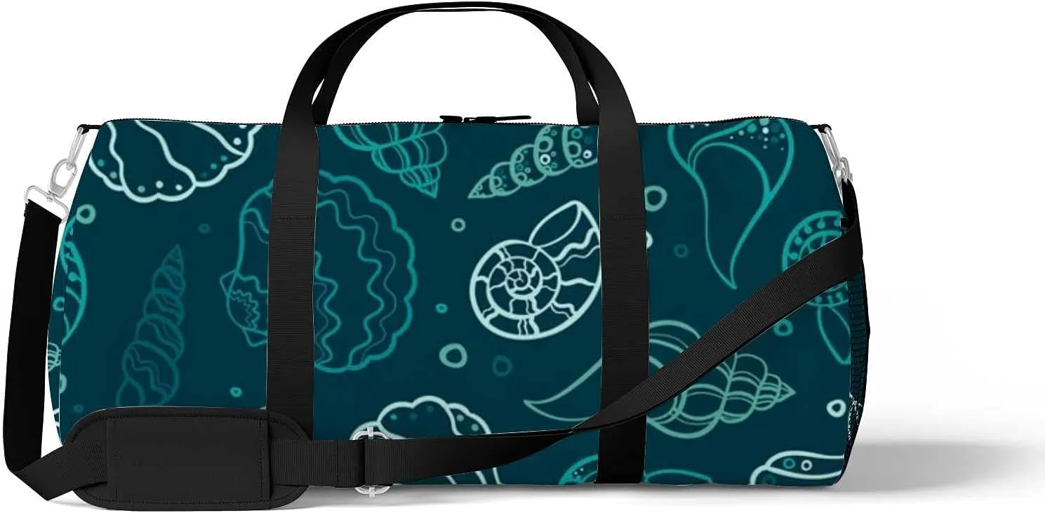 Blue Underwater Shells Snails Summer Sports Duffel Bag Travel Gym Tote Bags Lightweight Durable Shoulder Strap Waterproof Polyester Outside Mesh Pocket Overnight Trip Duffel Bag for Women Men