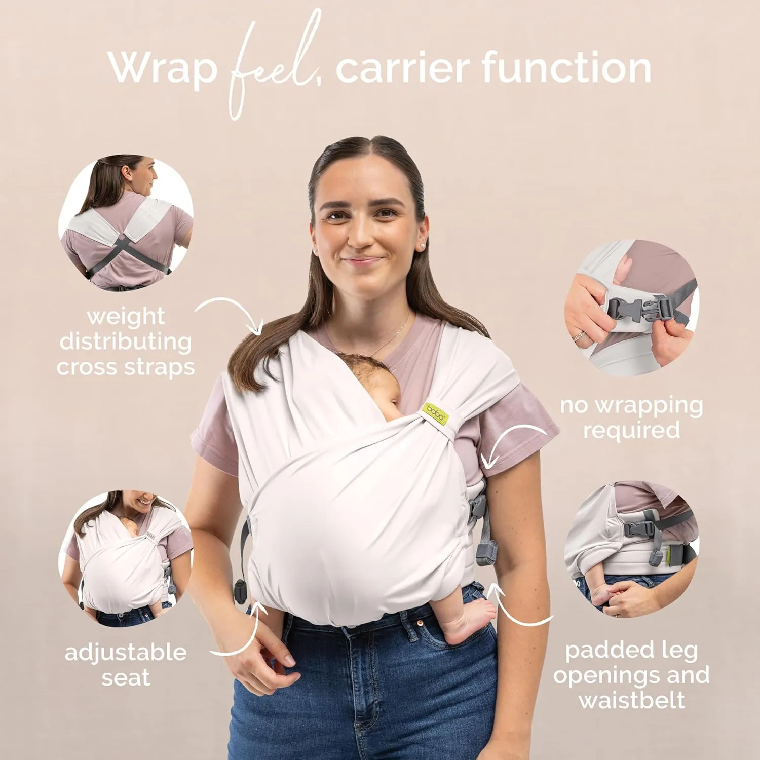 Boba Pre-Wrapped Baby Wrap Carrier with Buckle, Easy Adjust Soft Infant Baby Carrier Hybrid for Boy or Girls, Baby Sling for Newborn up to 35 lbs (Organic Stone)