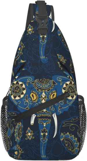 Bohemian Ethnic Elephants Sling Bag for Men Women Lightweight Shoulder Chest Bags Multipurpose Sling Backpack Adjustable Casual Crossbody Backpack for Outdoor Travel Cycling Gym Hiking Daypack