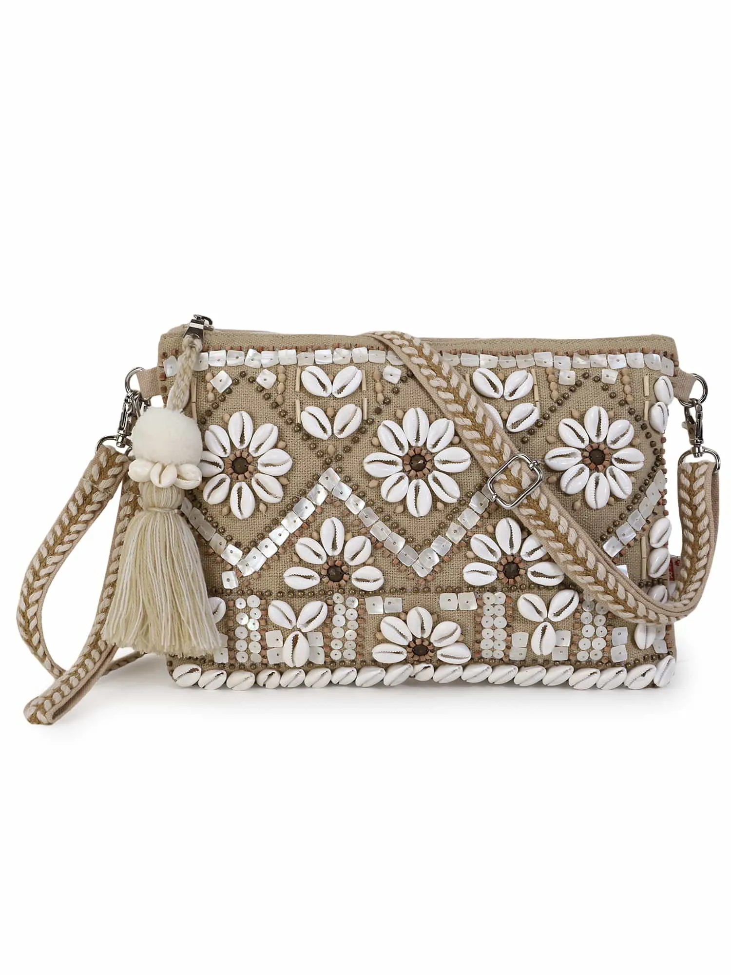 Boho Cotton Jute & Canvas Boho Embellished Sling Bag