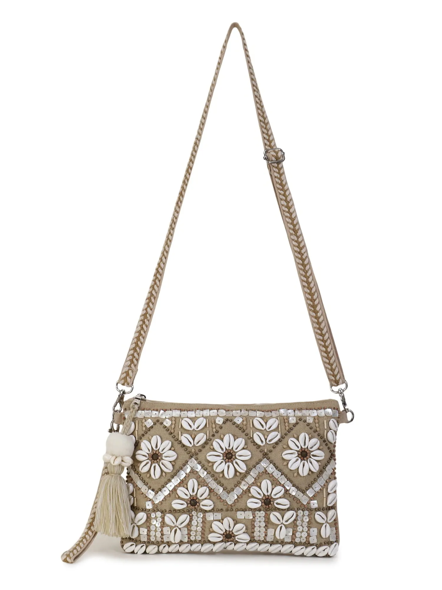 Boho Cotton Jute & Canvas Boho Embellished Sling Bag