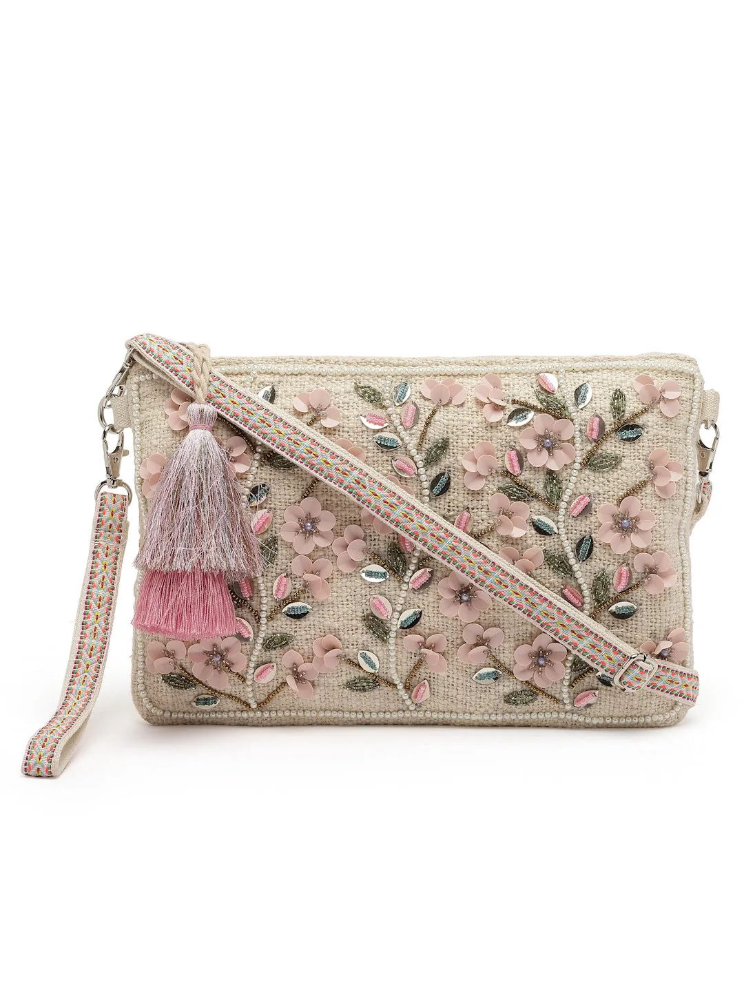 Boho Floral Bead Work Cotton Sling Bag