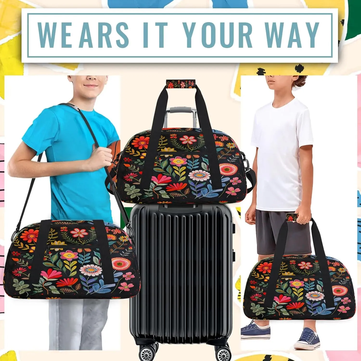 Boho Floral Small Gym Bag 18 inch Carry On Duffel Bag for Weekender Travel Sports Workout Yoga Gymnastics Dance Ballet