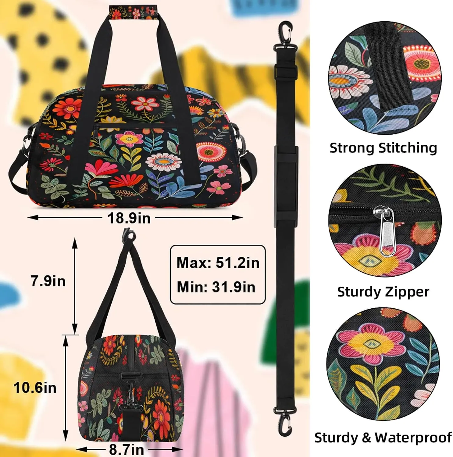 Boho Floral Small Gym Bag 18 inch Carry On Duffel Bag for Weekender Travel Sports Workout Yoga Gymnastics Dance Ballet