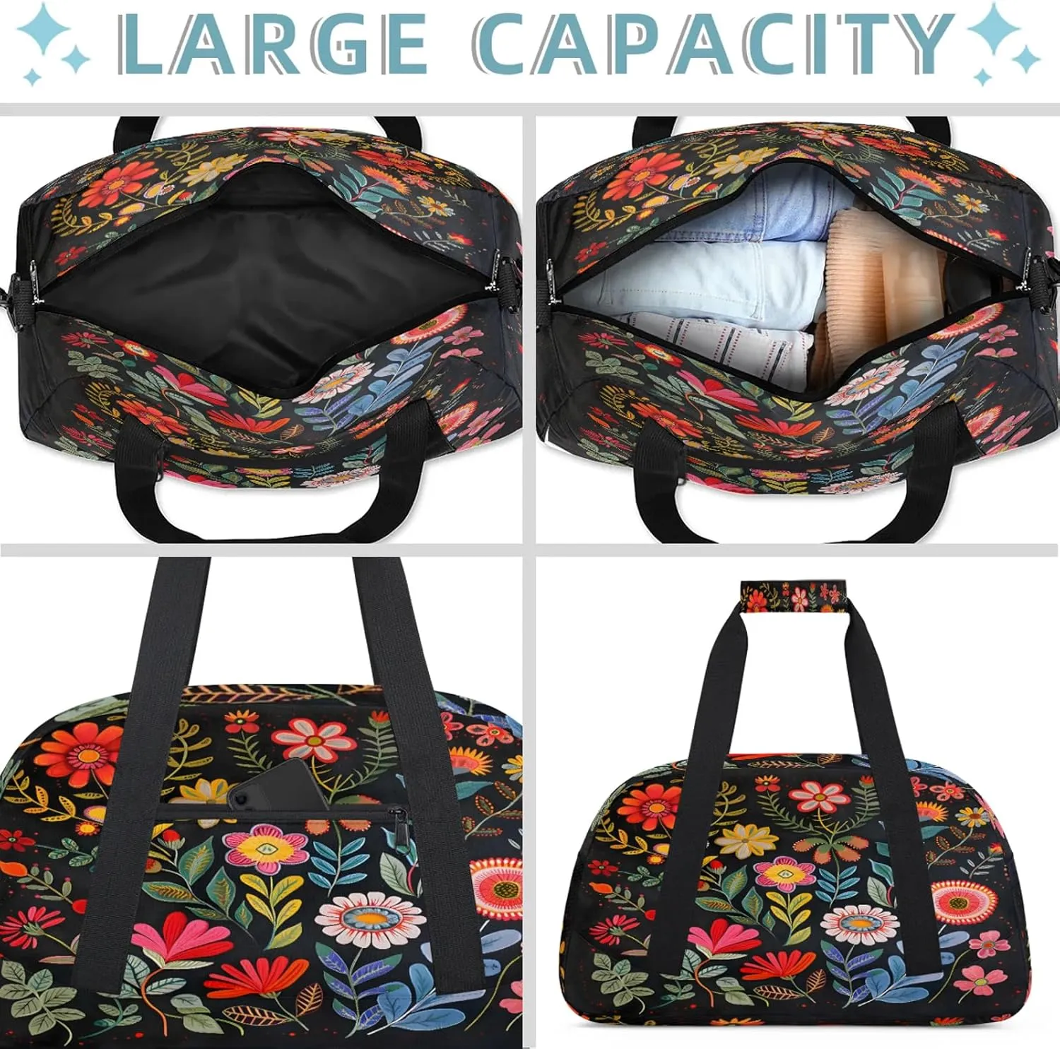 Boho Floral Small Gym Bag 18 inch Carry On Duffel Bag for Weekender Travel Sports Workout Yoga Gymnastics Dance Ballet