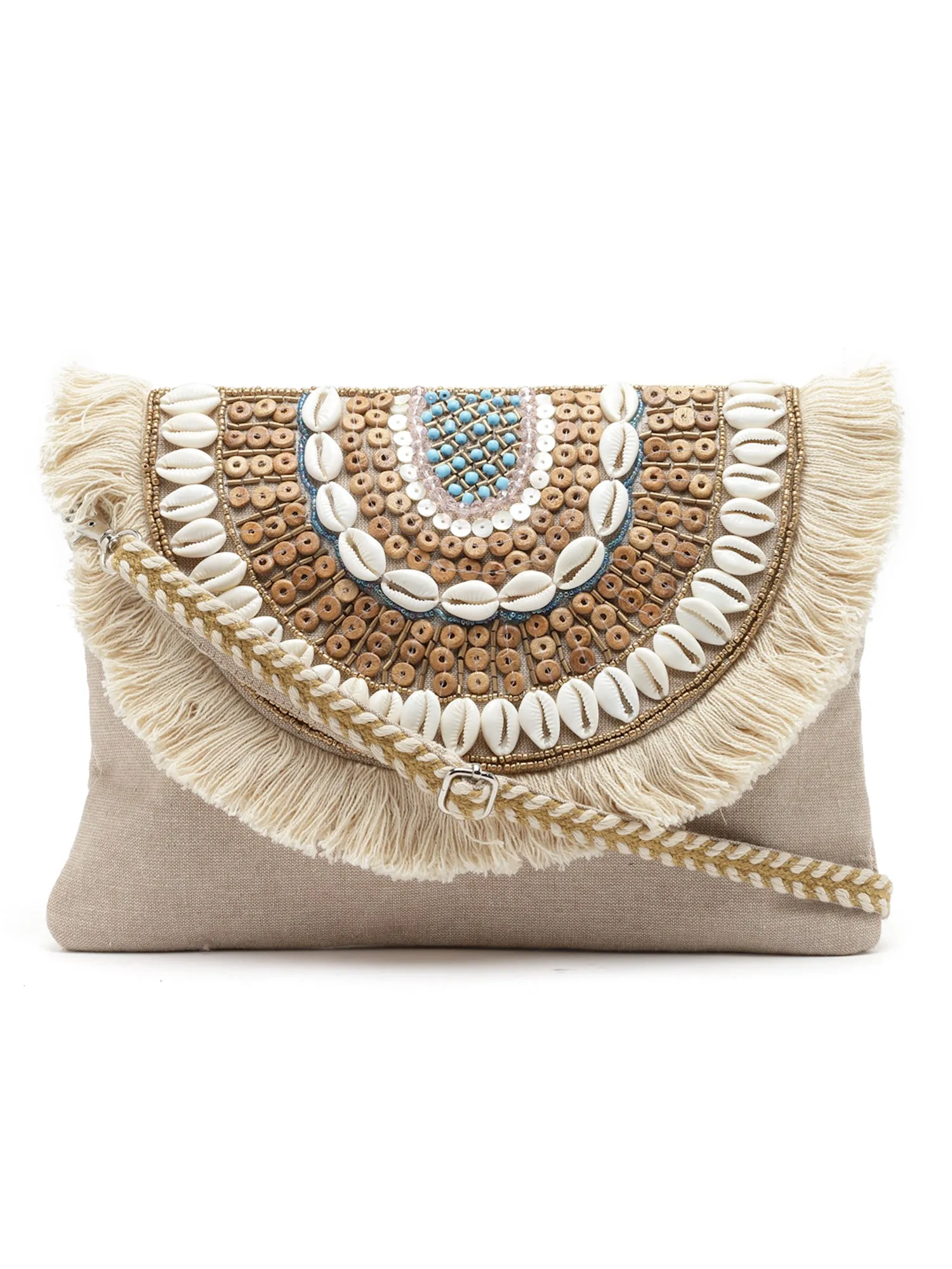 Boho Seashell Embellished Cotton Canvas Sling Bag
