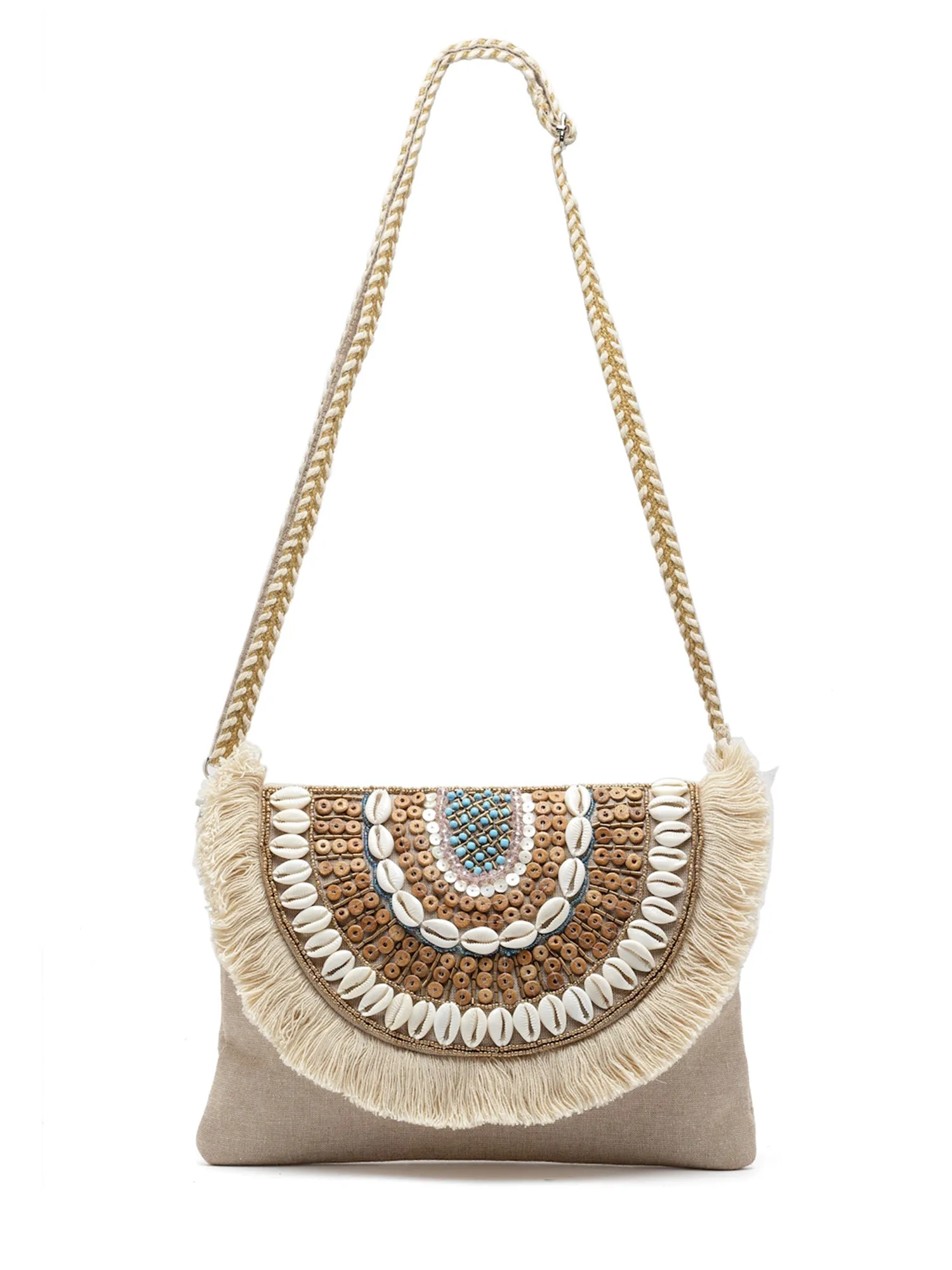 Boho Seashell Embellished Cotton Canvas Sling Bag