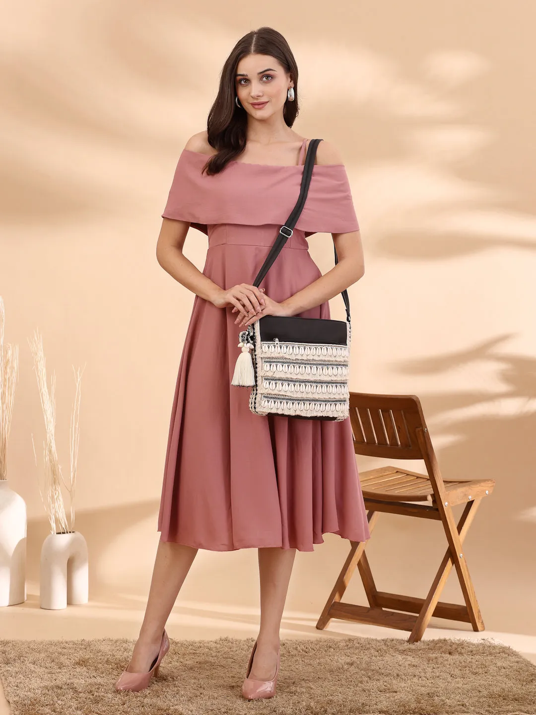 Boho Seashell Embellished Cotton Jacquard & PU Sling Bag