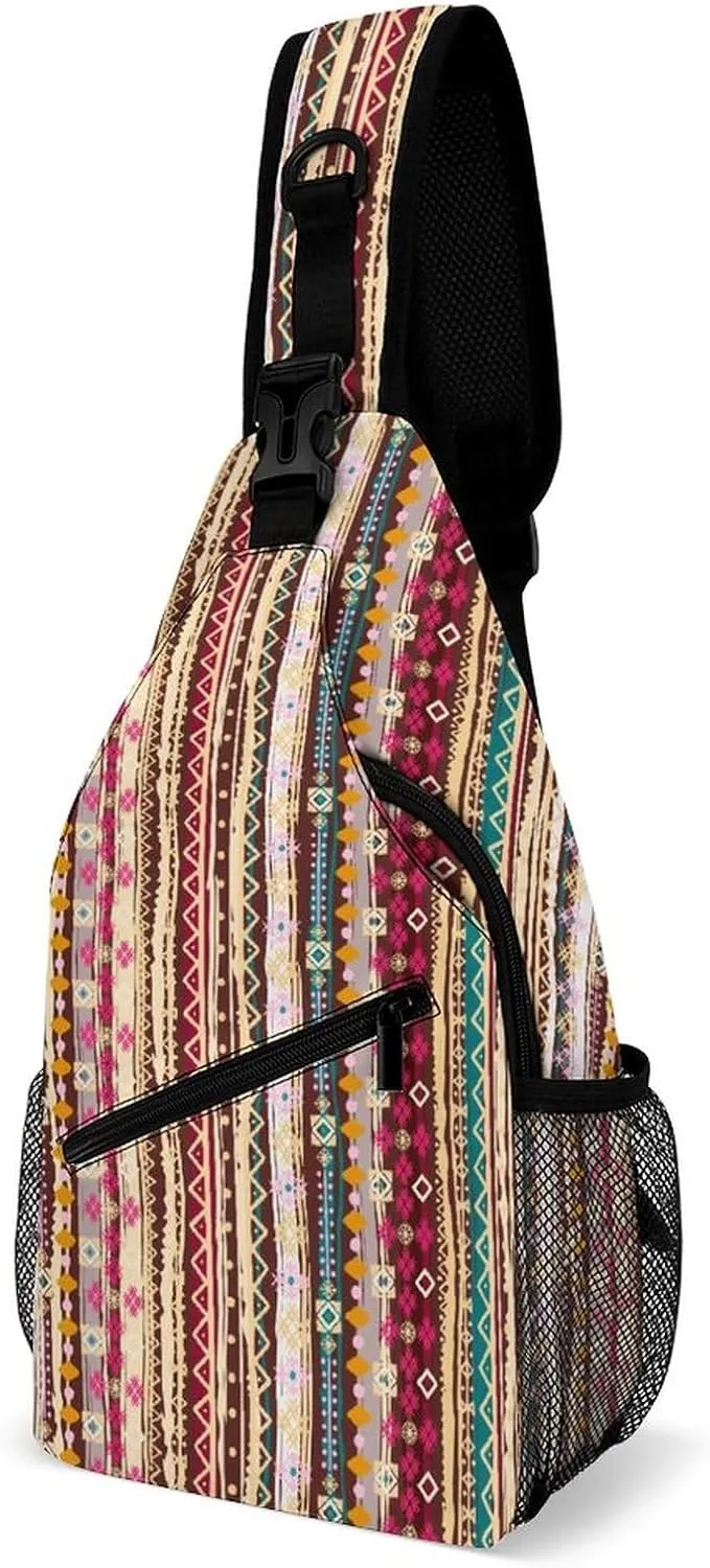 Boho Tribal Art Sling Bag Crossbody for Women Men Lightweight Adjustable Extender Strap Colorful Ethnic Print Shoulder Backpack with Water Bottle Holder Casual Daypack for Hiking Travel