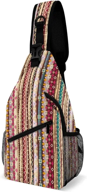 Boho Tribal Art Sling Bag Crossbody for Women Men Lightweight Adjustable Extender Strap Colorful Ethnic Print Shoulder Backpack with Water Bottle Holder Casual Daypack for Hiking Travel
