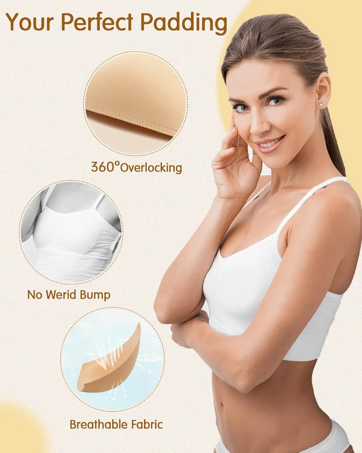 Bra Pads Inserts 4 Pairs Sewn Edges Breast Padding for Sports Bras Swimsuits Bikini A, B, C, D Cup Available