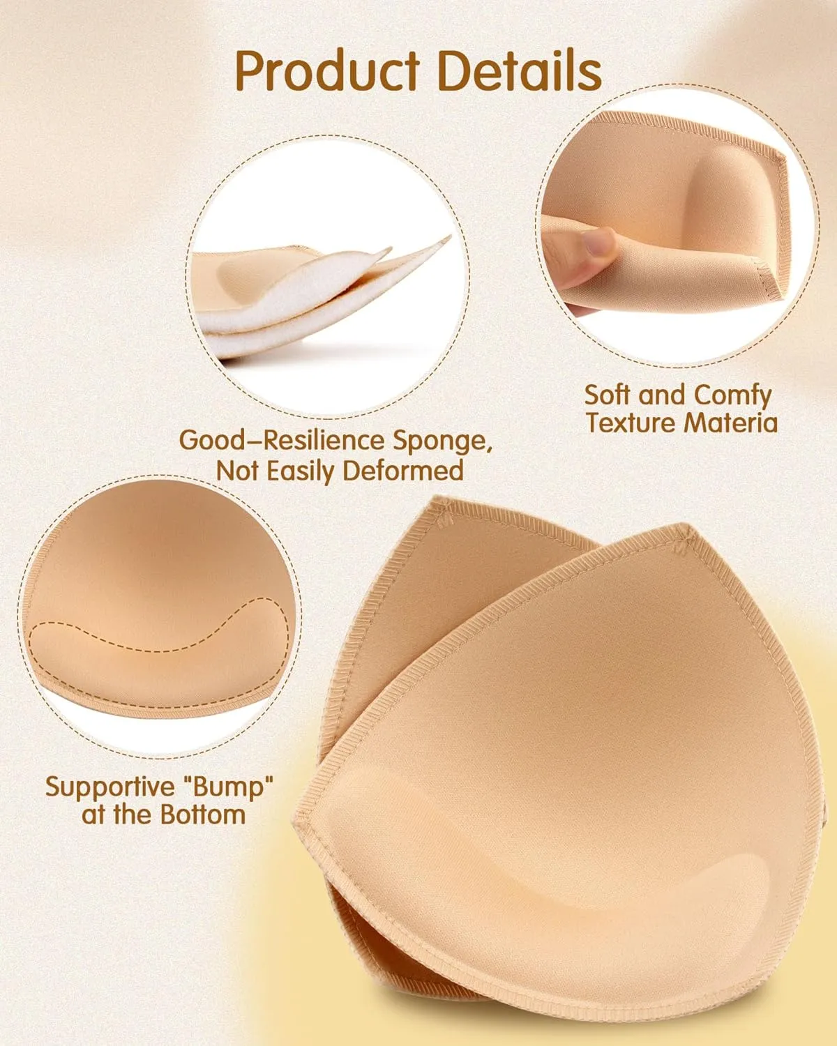 Bra Pads Inserts 4 Pairs Sewn Edges Breast Padding for Sports Bras Swimsuits Bikini A, B, C, D Cup Available