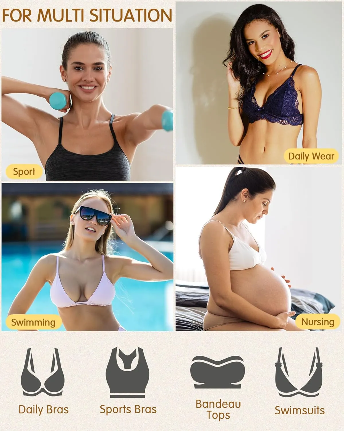 Bra Pads Inserts 4 Pairs Sewn Edges Breast Padding for Sports Bras Swimsuits Bikini A, B, C, D Cup Available
