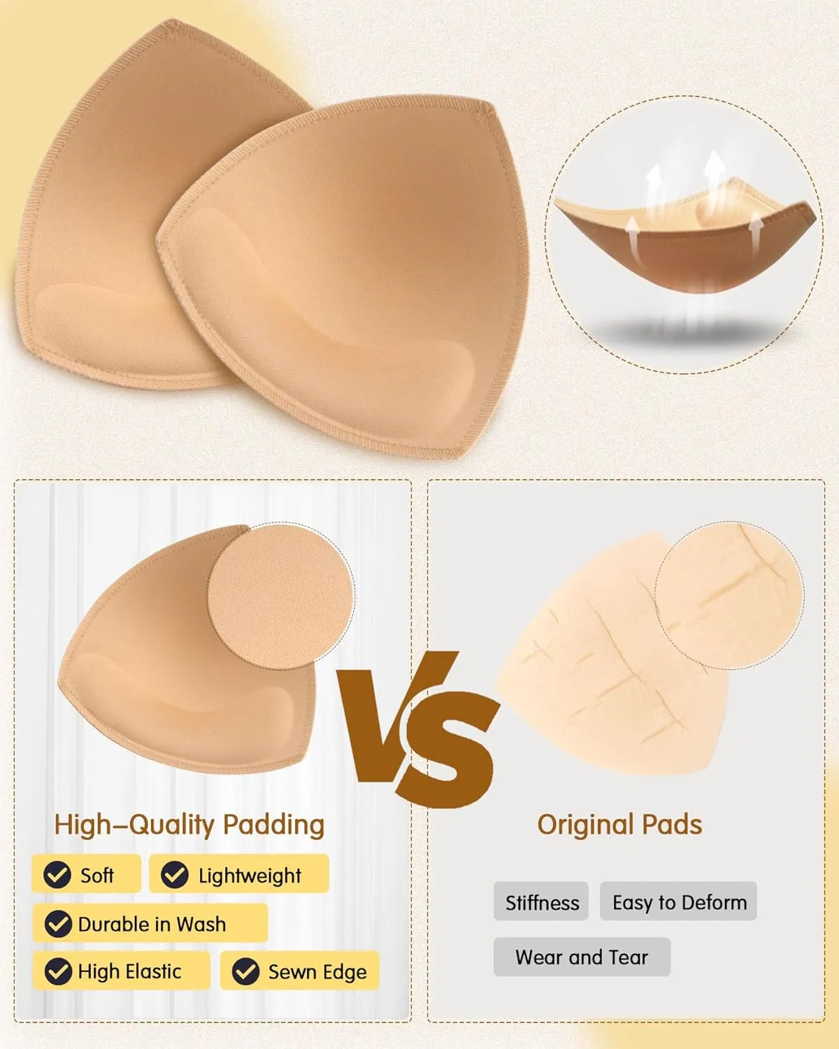 Bra Pads Inserts 4 Pairs Sewn Edges Breast Padding for Sports Bras Swimsuits Bikini A, B, C, D Cup Available